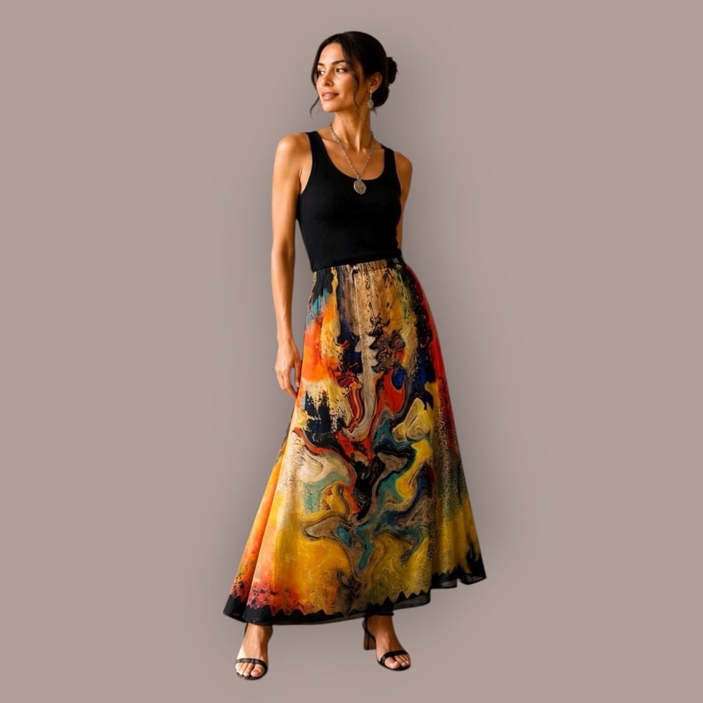 Dilemma New York Art Silk Abstract Maxi Skirt Boho Colorful Art to Wear